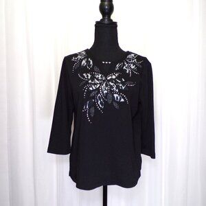 Alfred Dunner Black Pullover Top Women PS Petite Floral Embroidered Long Sleeve